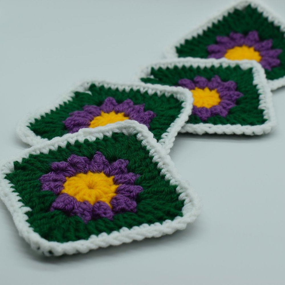 Handcrafted Crochet Purple Daisy Square Coasters Set of Four